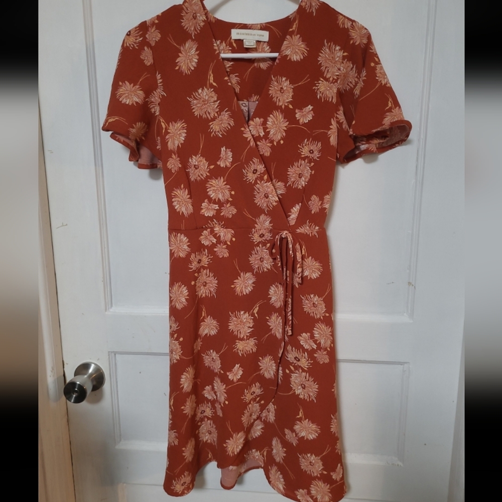 Monteau Rust Floral Wrap Midi Dress with Tie Waist Flowy